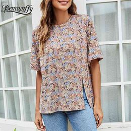 Crew Neck Floral Print Split Tops Blouses Summer Short Sleeve Loose Casual Boho Womens and 210510