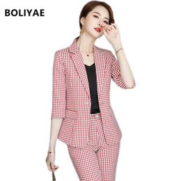 Boliyae Suit Women Blazer Set Spring Summer Fashion Plaid Office Attire Half Sleeve Tops and Pants for Female Work Clothes S-5XL 210930