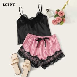 LOPNT Pajamas for women Summer sexy lace nightwear set Contrast Lace Satin Cami Top With Striped Shorts pajama set femal suit Q0706