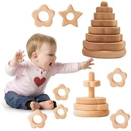 Baby Wooden Blocks Stacking Toy Soft Building Blocks Round Shape Wooden Construction Rubber Teethers Montessori Educational Toys Y1130