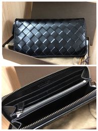 7 stars top quality Luxur Zipper long Wallet Italy boar cowhide Genuine Leather handmade woven purse for men women bags black color gift box card Holder