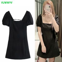 VUWWYV Summer Dress Black Backless Linen Mini es Women Fashion Short Puff Sleeve Club Woman Going Out Vestido 210430