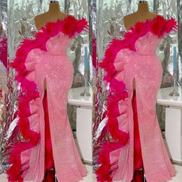 Feather Pink Glitter Evening Dresses One Shoulder Sequins Side Split Prom Dress Formal Party Pageant Gowns Custom Made Floor Length Robe de mariée