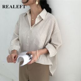 Spring One Pocket Striped Women's Shirt Female Blouse Tops Long Sleeve Turn-down Collar Korean OL Style Women Blouses 210428