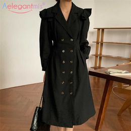 Aelegantmis Button Notched Collar Women Office Lady Dress Elegant Spring Autumn Female Slim Double Breasted OL Vintage 210607