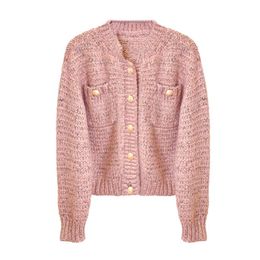Women Sweater Knitted Long Sleeve Pink Blue Green Cardigans V-neck Cropped Autumn Button M0432 210514
