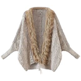 Fall Winter Women Knitted Cardigan Faux Fur Collar Long Sleeves Oversized Warm Casual Women Sweaters 210709