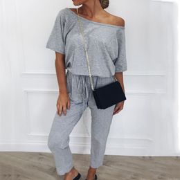 Casual Bodysuit Women Summer off-Shoulder Solid Color Leisure Pajamas Loose Short-Sleeved Jumpsuit Lace Up Jumpsuits 210514