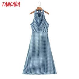 Tangada fashion women blue dot halter dress bow sleeveless ladies sexy midi dress vestidos SL114 210609