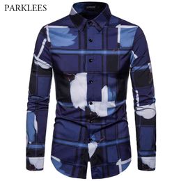 Autumn Fashion Plaid Nightclub Party Flower Shirt Men's Long-Sleeved Shirt Casual Slim Fit Collar Men Shirt Dress Shirts 210524