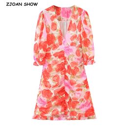 Summer Women Rose Flower Print Pleated Ruched Package Hips Dress Sexy Ladies Short Sleeve Hem Ruffles Mini Dresses Fashion 210429