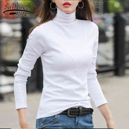 Women T-shirt Turtleneck Solid Full Sleeve White Top Blusas Mujer De Moda Elegant Vintage Tops 6974 50 210521