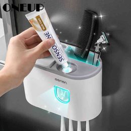 ONEUP Bathroom Accessories New Toothbrush Holder With Cup Convenient Automatic Toothpaste Squeezer Storage Bathroom Products Set 210322