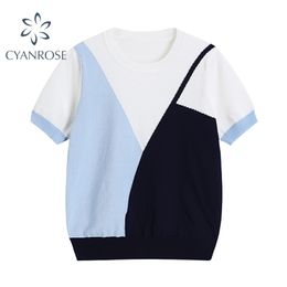 Summer Two Color Patchwork Women's Shirt O-Neck Knitting Short Sleeve ee Selling Causal Female 210515