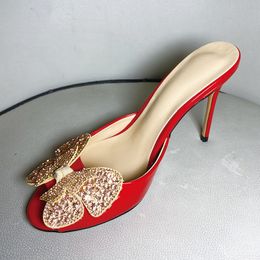 2024 women Ladies Genuine real leather high heels summer sandals butterfly Flip-flops slipper slip-on wedding dress Gladiator sexy shoes diamond size 34-43