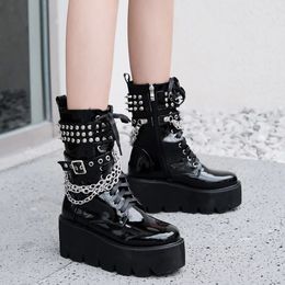 Black With Chain Rivet Boots Women Heel Punk Patent Leather Ankle Boots 2021Autumn High Bota Feminina