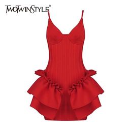 Evening Patchwork Ruffle Sling Dress For Women V Neck Sleeveless High Waist Summer Sexy Dresses Female Fashion 210520