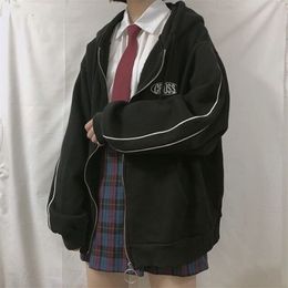 streetwear Harajuku Oversized sweatshirt women print Letter zip up Hoodies Student Plus Size Outwear Female Loose tops 210803
