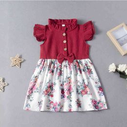 Summer Girls Dress European And American Style Kids Clothing Stitching Printed Bow Fashion Princess Children 210515