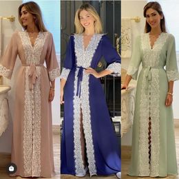 Royal Blue Lace Prom Dresses Formal Evening Gowns Middle East Mulism Party 3/4 Long Sleeves Chiffon Special Occasion Plus Size Arabic Style