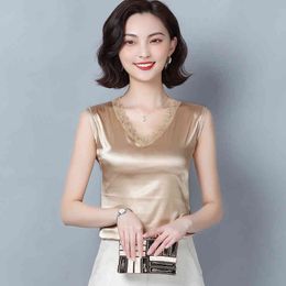 Korean Silk Women Tops Woman Satin Sleveless Blouses Top Plus Size Solid V Neck Blouse Lace Blusas Femininas Elegante 210427
