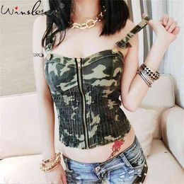 Fashion Women Sexy Denim Tops Camouflage Summer Vest Casual Sleeveless Zipper Front Tank Crop- Blusas T05605B 210421