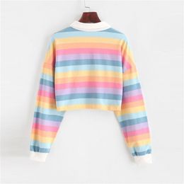 Polo Shirt Women Sweatshirt Long Sleeve Rainbow Colour Ladies Hoodies With Button Striped Korean Style 210809