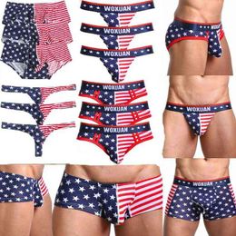 3 Piece Sexy Mens Briefs Jockstrap Slips Hombre Underwear American Flag Stripe Printed Thong G-String Gay Panties Boxershorts H1214