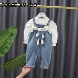 Spring Kids Girls 2-pcs Sets White Puff Sleeves Long T-shirt + Denim Overalls with Pocket Rabbit Children Clothes E1109 210610