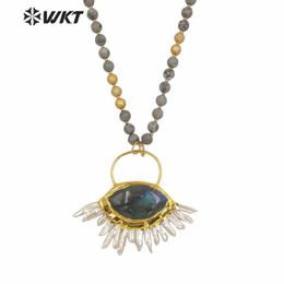 WT-N1242 WKT Women Fashion 30 Inch Long 8mm Round Stone Beads Statement Necklace Big Gold Labradodrite Pendant Chokers