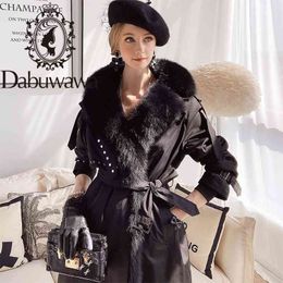 Dabuwawa Long Parka Women Rabbit Fur Coats Thick Winter Outwear Sashes Warm Fur Collar Jacket Female Overcoat DT1DPK015 210520