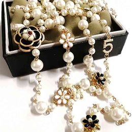 Mimiyagu Lange Simulierte Perlenkette Für Frauen Nr. 5 Doppelschicht Anhänger Lange Halskette Party Schmuck 210721