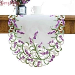 Home Decorative Beige Colour Handmade Satin Cutwork Embroidered TV Stand Cabinet Cover Creative Lavender Lilac Oval Table Runner 210709