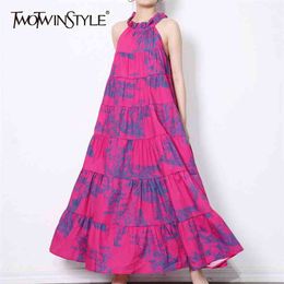 Loose Print Summer Dress For Women Halter Collar Sleeveless Casual Hit Colour Dresses Female Fashion Clothing 210520