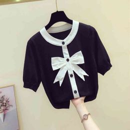 Fashion O collar Bow stitching sweater bottoming shirt women's thin pullover summer Ice silk Short sleeve Cardigan 210512