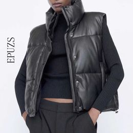 ZA women Winter Black Warm Faux Leather Vest Coat Casual Zipper Sleeveless Jacket Female Short Cotton Outwear 211011
