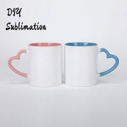 New DIY Sublimation 11oz coffee Mug with Heart Handle Ceramic 320ml White Ceramics Cups Colorful Inner Coating Special Water Pottery FY4652