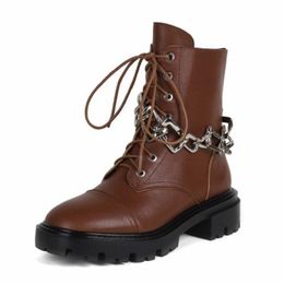 New Ankle Boots Women Real Leather Metal Chain Thick Heel Women Winter Shoes Cool Club Footwear Women Size 34-40