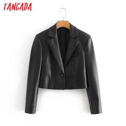 Tangada autumn winter women black faux leather crop blazer female long sleeve jacket ladies casual blazer suits QN2 210609