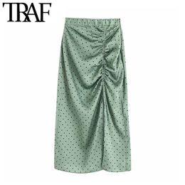 TRAF Women Vintage Elegant Polka Dot Pleated Midi Skirt Fashion Elastic Waist Side Zipper Slit Female Skirts Chic Faldas Mujer 210721