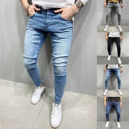 Puimentiua Jeans Men Elastic Waist Skinny Stretch Ripped Pants Streetwear s Denim Blue 211011