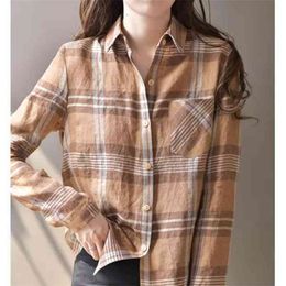 Arrival Spring Women Loose Turn-down Collar Plaid Cotton Linen Blouse Single Breasted Long Sleeve Casual Shirts W87 210512