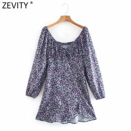 Zevity Women Sexy Elastic V Neck Bow tied Floral Print Casual Mini Dress Femme Long Sleeve Hem Ruffles Vestido Cloth DS4697 210603