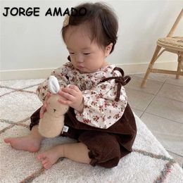 Wholesale Korean Style Spring Baby Girls 2-pcs Sets Long Floral Shirts+Corduroy Sling Jumpsuit Children Clothes E3971 210610