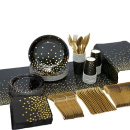 Disposable Dinnerware Tableware Black Gold Dot Tablecloth Plate Birthday Party Supplies Wedding Cup Napkin Starw Baby Shower Decoration
