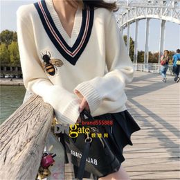 new Luxury Designer Women bee Embroidery Knitted V neck Pullover Sweater Jumpers