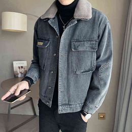 Winter Denim Jacket Men Fleece Thick Lamb Wool Turn-down Collar Outerwear Coats Mens Casual Warm Denim Jacket Coat Streetwear Y1122