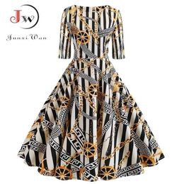 Summer Dress Women Half Sleeve Vintage A-Line Dresses Elegant Fit And Flare Casual Floral Print Party Dress Vestidos Plus Size 210325