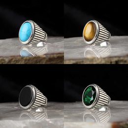 Turkish Handmade 925 Sterling Silver Rings for Men Turquoise Zircon Tiger Eye Onyx Stone Jewellery Fashion Gift Mens Accessories