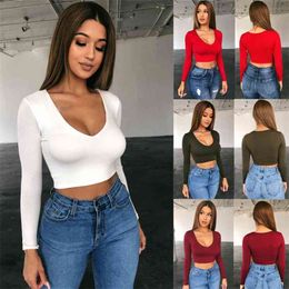 Women T-Shirt Long Sleeve Sexy Ladies Deep V-Neck Crop Tops Spring Autumn Solid Color Basic Slim Female Clothing 210522